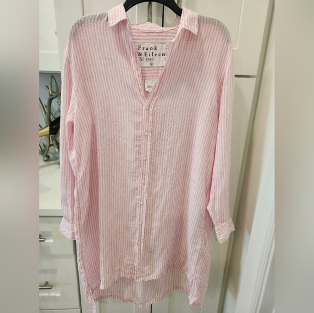 Frank & Eileen Hunter Pink & White Striped Italian  Linen Shirt-Dress - Medium - Picture 2 of 11